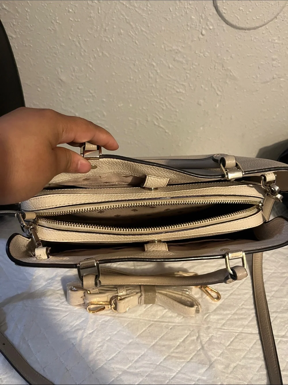 kate spade Neutral Beige Pebbled Leather Satchel with Detachable Strap